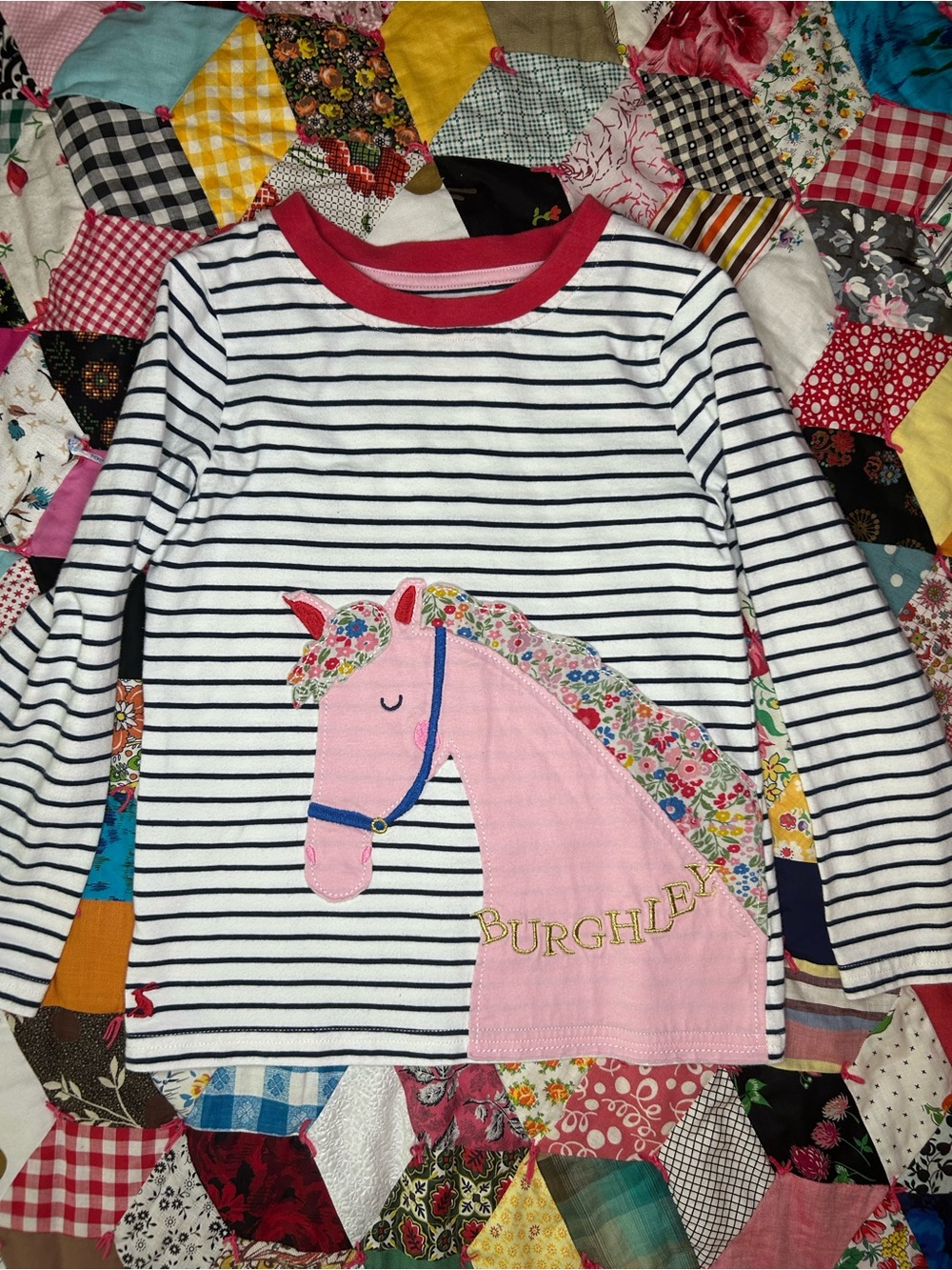 Joules Navy & White Striped Long-Sleeve Tee with Pink Horse Appliqué 6-7